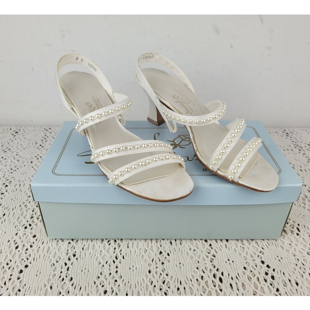 Vintage 90's Special Occasions Women's Strappy White Sandal Heels Shoes Size 8
